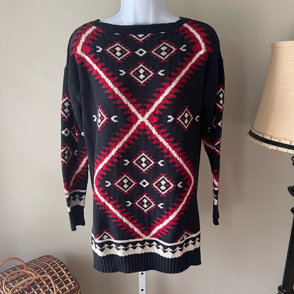Lauren Ralph Lauren Navy Red Geometric Knit Sweater Small Crewneck